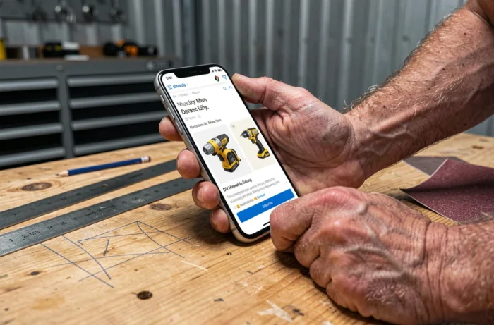 Gros plan de mains d'artisan tenant un smartphone affichant une page produit de bricolage en ligne