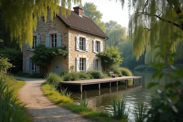 Maison en pierre avec volets blancs et ponton privé au bord d'une rivière calme près de Paris