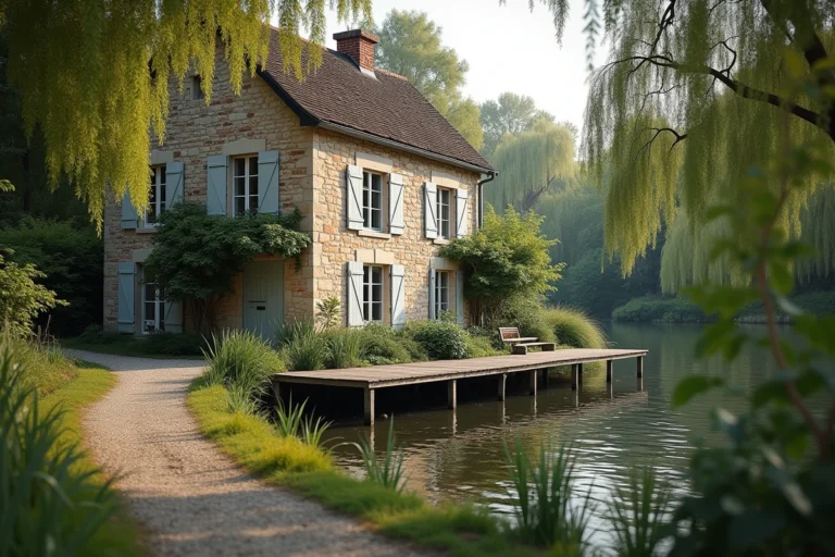 Maison en pierre avec volets blancs et ponton privé au bord d'une rivière calme près de Paris