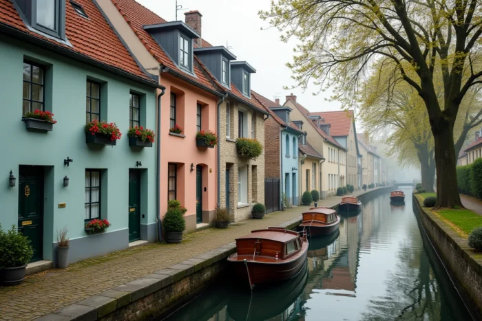 Rangée de petites maisons abordables le long d'un canal en région parisienne avec chemin de halage