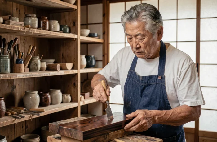 Maître artisan japonais en atelier traditionnel sculptant du bois laqué, illustrant la noblesse d'un métier artisanal