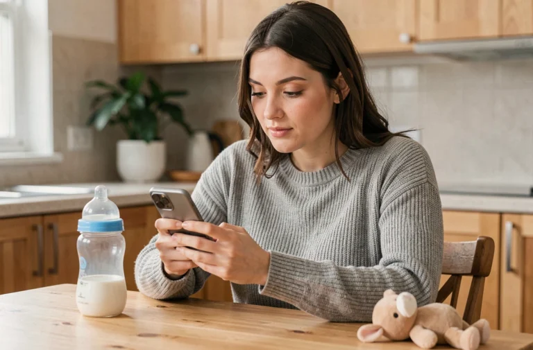 Jeune maman contactant le service client d'un magasin bébé en ligne depuis son smartphone dans sa cuisine