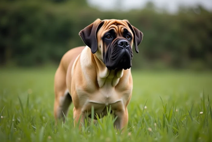 Mastiff anglais en pleine nature dans un pré vert, illustrant sa stature colossale et la puissance de sa mâchoire