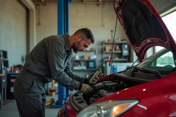 Mécanicien expert réalisant un diagnostic moteur sur une voiture d'occasion dans un garage indépendant