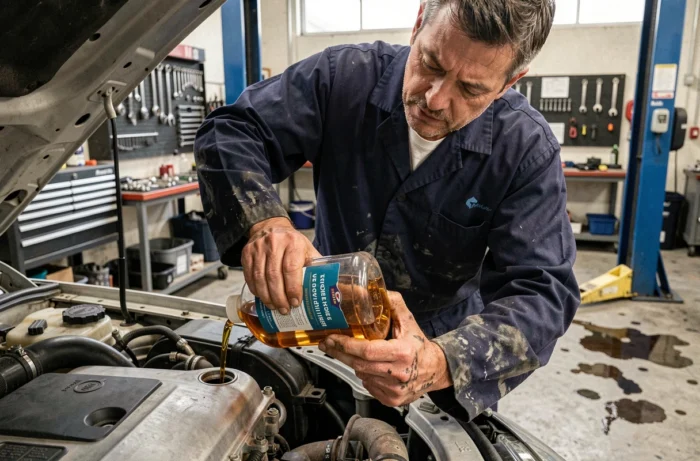 Mécanicien versant un nettoyant pour rinçage de boite de vitesses dans le compartiment moteur d'une voiture en atelier