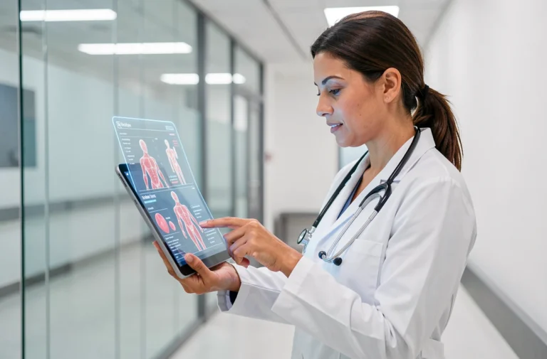 Médecin femme examinant des données médicales numériques sur une tablette holographique dans un couloir d'hôpital moderne en 2024