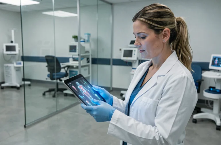 Médecin femme utilisant une tablette AR avec scans anatomiques 3D dans un cabinet médical moderne, innovations médicales high-tech