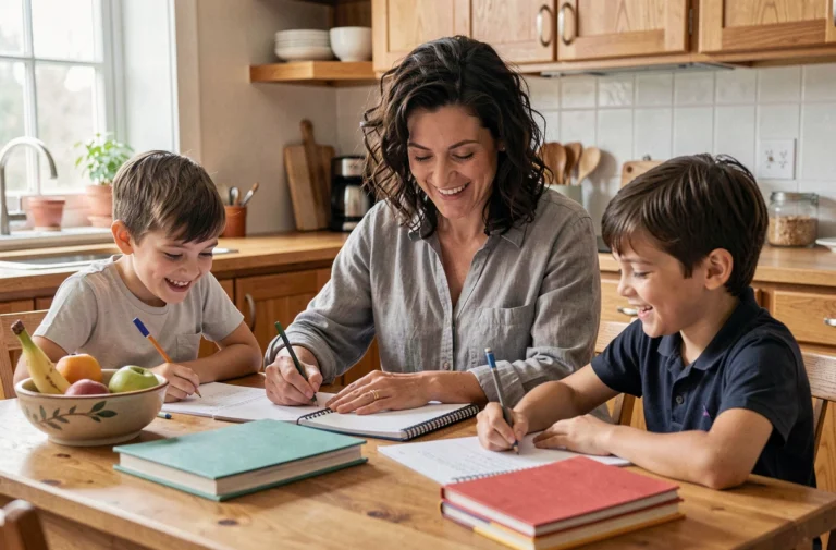 Une mère aidant ses enfants à faire leurs devoirs à la table de la cuisine, scène de vie familiale chaleureuse et éducative