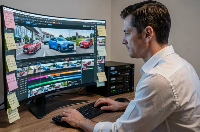 Éditeur vidéo montant des contenus YouTube automobiles dans un studio de post-production professionnel