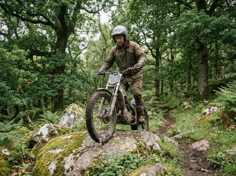 Motard de trial franchissant un rocher moussu en forêt tout en préservant la végétation sauvage environnante