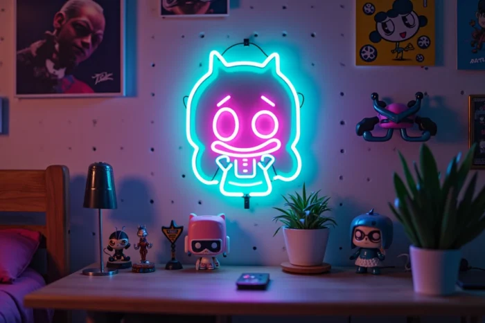 Gros plan d'un néon manga chibi violet et vert dans une chambre de collectionneur entourée de figurines et d'affiches anime