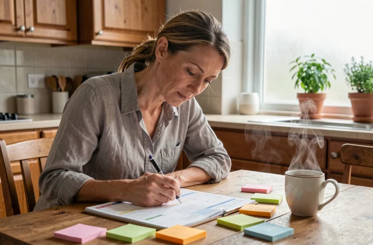 Mère de famille organisant le planning familial avec un agenda et des notes colorées sur une table en bois dans une cuisine chaleureuse