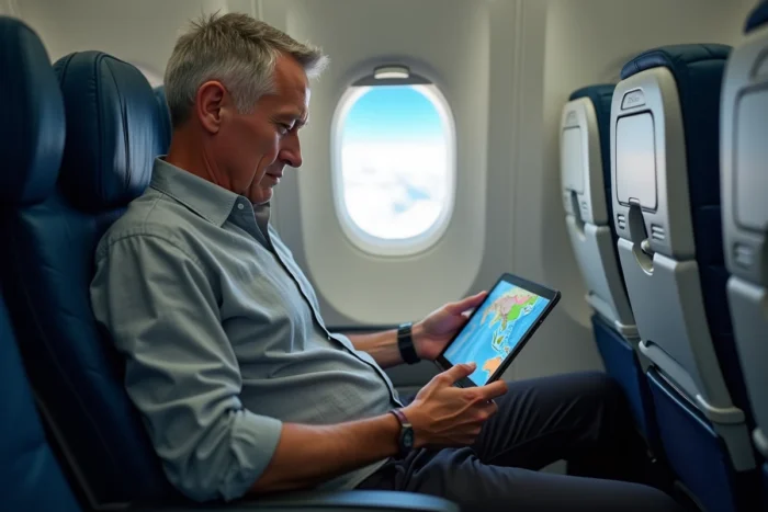 Passager en cabine d'avion consultant une carte de l'Asie du Sud-Est pendant un long vol vers Bangkok