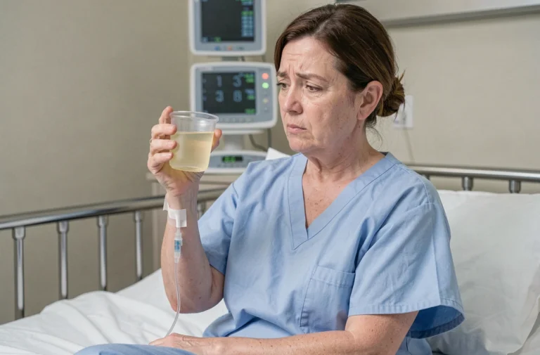 Patiente en robe d'hôpital examinant un échantillon d'urine après une opération chirurgicale