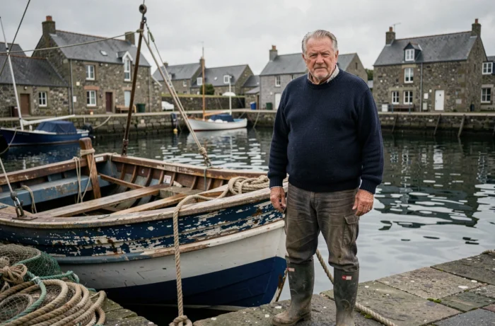 Pêcheur breton authentique en pull marin devant son bateau de pêche dans un port en granit du Finistère