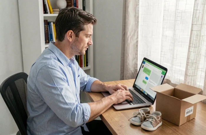 Vater, der über den Chat den Kundenservice eines Online-Babygeschäfts von seinem Homeoffice aus kontaktiert