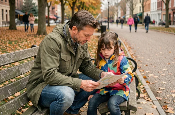 Un père et sa fille consultant une carte dans un parc en automne, activité de plein air en famille le week-end