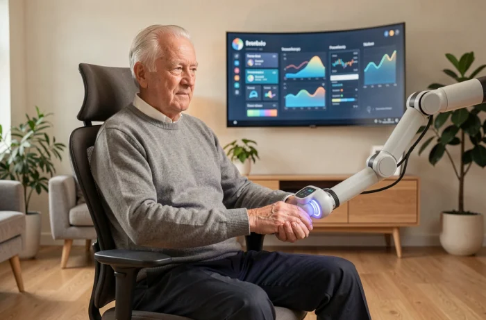 Elderly man using a robotic health monitoring arm at home with a digital dashboard, new consumer medical technologies