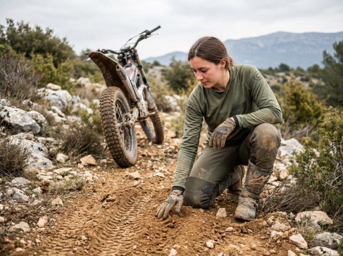 Pilote de trial féminine inspectant l'impact de ses roues sur un sentier calcaire en milieu naturel