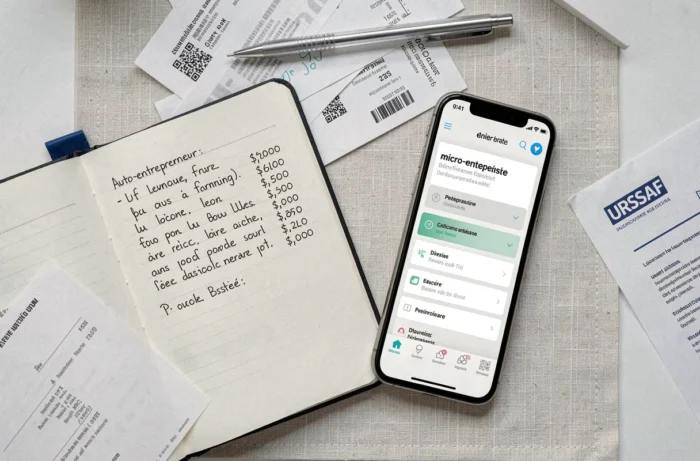 Vue aérienne du bureau d'un auto-entrepreneur avec documents URSSAF et calcul du plafond de chiffre d'affaires