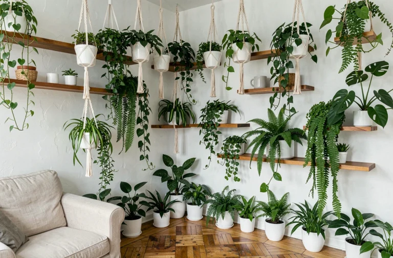 Coin salon verdoyant avec une collection de plantes d'intérieur retombantes disposées sur des étagères et dans des suspensions en macramé