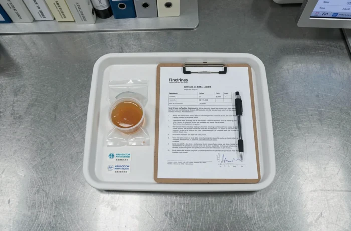 Vue aérienne d'un plateau médical avec un flacon d'urine et un formulaire patient dans un hôpital