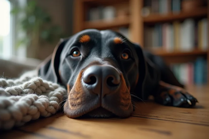 Portrait en gros plan d'un labrador croisé beauceron au regard expressif, posé sur une table en bois dans un intérieur chaleureux