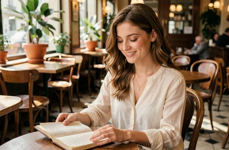 Jeune femme française prénommée Lou assise dans un café parisien avec un carnet vintage, illustrant l'histoire et l'origine du prénom Lou en France