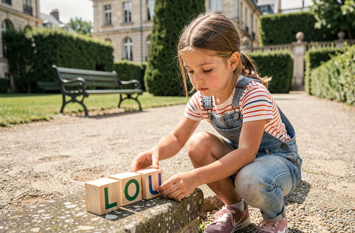 Fillette française arrangeant des cubes en bois formant le prénom Lou dans un jardin public lyonnais, illustrant la popularité et la douceur de ce prénom en France