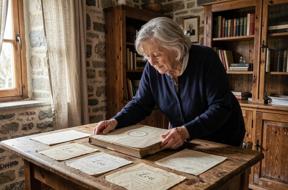 Grand-mère française consultant un album de famille et des actes de naissance anciens portant le prénom Lou, évoquant la signification historique de ce prénom