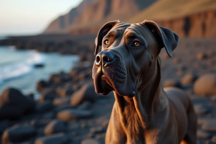 Presa Canario debout sur un terrain volcanique des Canaries, sa mâchoire imposante et sa musculature bien mis en avant