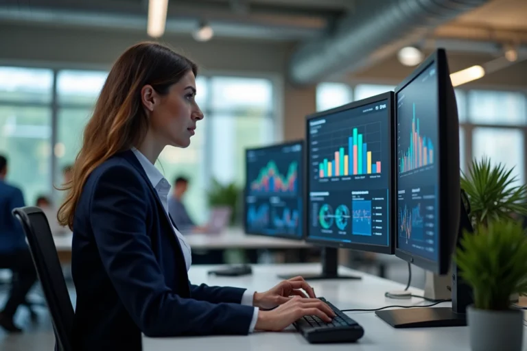 Professionnelle du marketing digital analysant des tableaux de bord analytics et des métriques de réseaux sociaux sur deux écrans dans un bureau moderne
