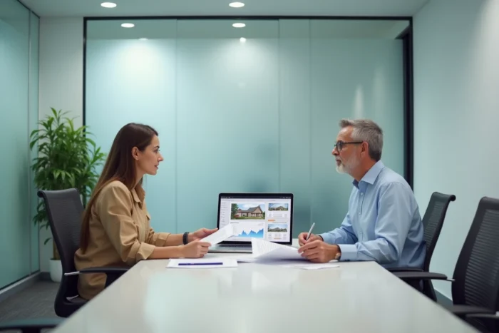Deux professionnels de l'immobilier collaborant autour d'un rapport de gestion locative lors d'une réunion en agence