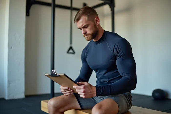 Homme consultant un programme d'entraînement aux tractions dans une salle de sport à domicile