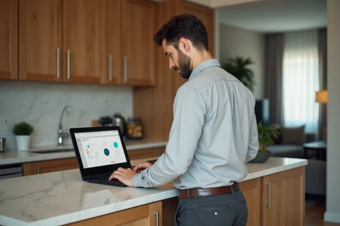 Propriétaire gérant ses biens immobiliers en ligne depuis son appartement avec un logiciel de gestion locative