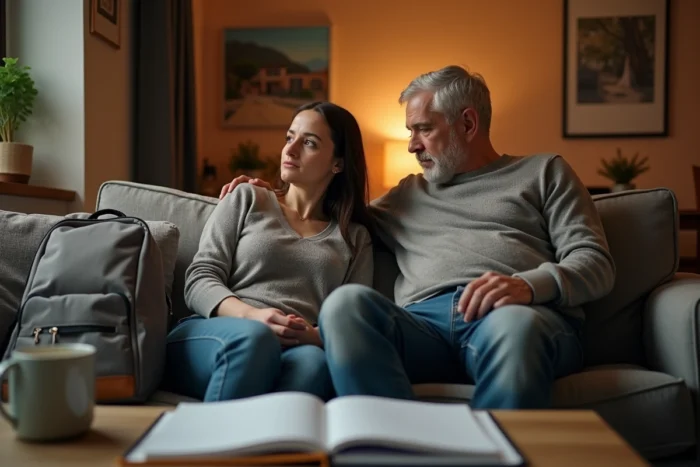 Un couple assis sur un canapé entouré d'affaires scolaires et d'un calendrier familial, illustrant l'arbitrage entre vie de couple et contraintes parentales au quotidien