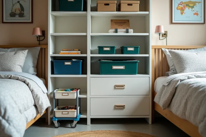 Meuble de rangement modulaire personnalisé dans une chambre partagée de deux garçons pour maximiser l'espace disponible