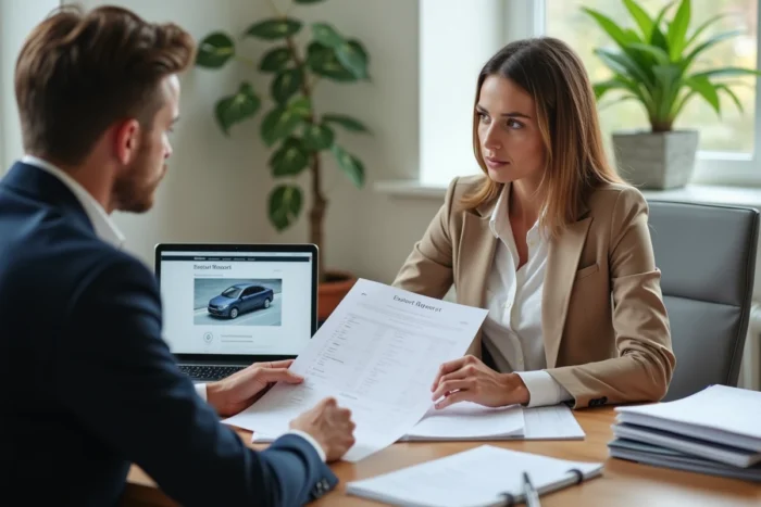 Conseiller automobile remettant un rapport d'expertise à une cliente avant l'achat d'un véhicule