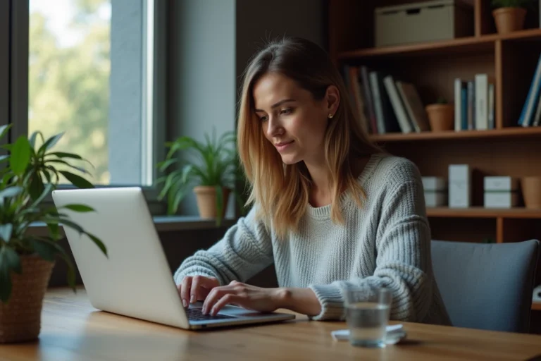 Femme d'une quarantaine d'années recherchant des annonces santé fiables sur son ordinateur portable depuis son bureau à domicile