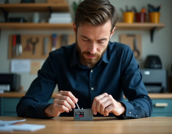 Homem reinicializando um cartucho Canon Pixma com um clipe em um ateliê DIY