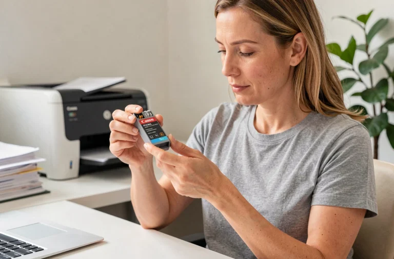 Femme tenant une cartouche d'encre Canon Pixma dans un bureau à domicile pour la réinitialiser