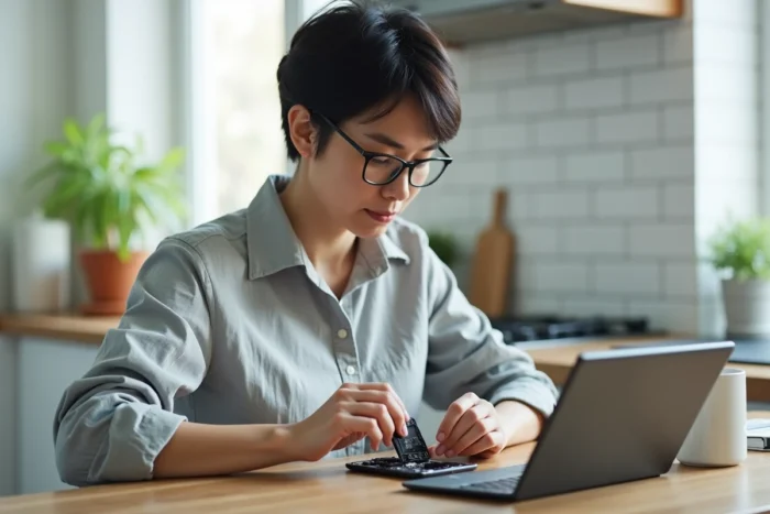Femme remplaçant la batterie d'un smartphone démonté à la table de sa cuisine avec un guide de réparation sur tablette