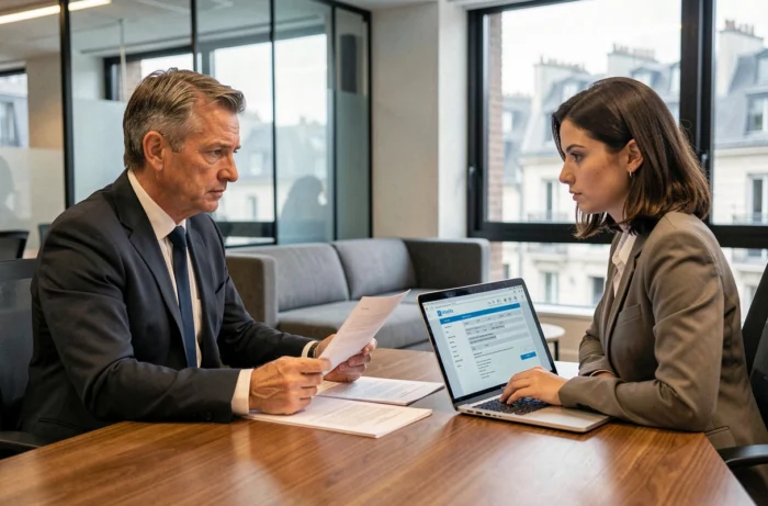 Un homme en costume discutant de son dossier d'indemnisation avec un conseiller en assurance dans un bureau parisien
