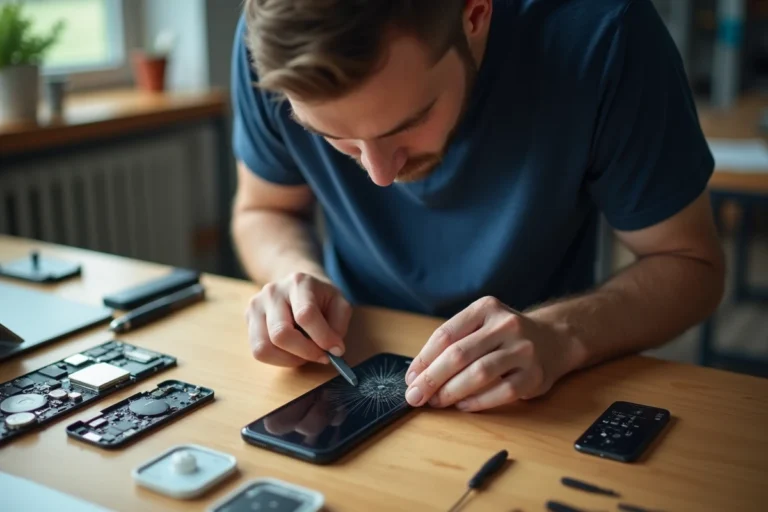 Homme réparant l'écran fissuré de son smartphone avec des outils de réparation professionnels sur un établi en bois
