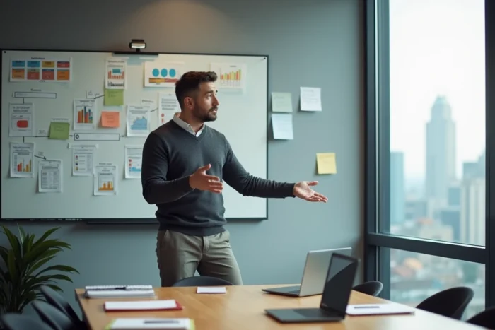 Responsable marketing présentant une stratégie de tendances digitales sur un tableau blanc lors d'une réunion d'équipe en salle de conférence