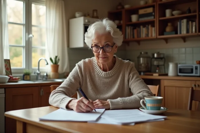 Femme retraitée ancienne aide-soignante consultant ses documents de retraite à la maison