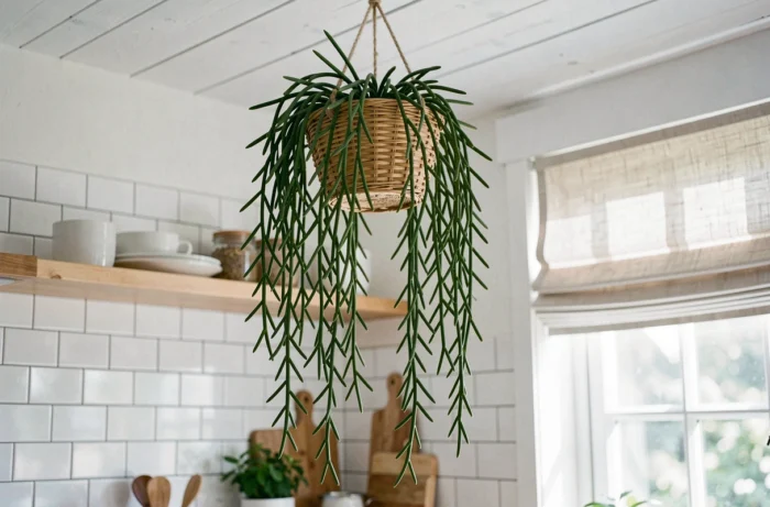Rhipsalis aux longues tiges vertes retombant en rideau depuis un panier en rotin suspendu dans une cuisine scandinave