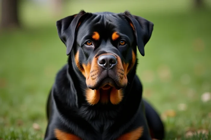 Rottweiler assis dans un parc, sa tête robuste et sa mâchoire puissante bien visibles dans un cadrage portrait