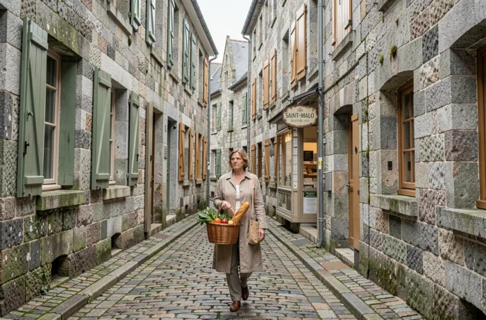 Rue pavée médiévale de Saint-Malo avec ses façades en granit et une femme bretonne portant un panier en osier