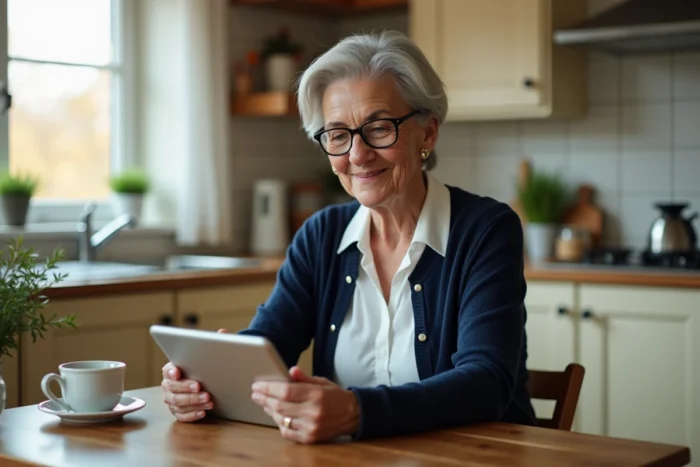 Une femme senior souriante utilisant une tablette dans sa cuisine, illustrant l'accès aux ressources numériques pour les personnes âgées